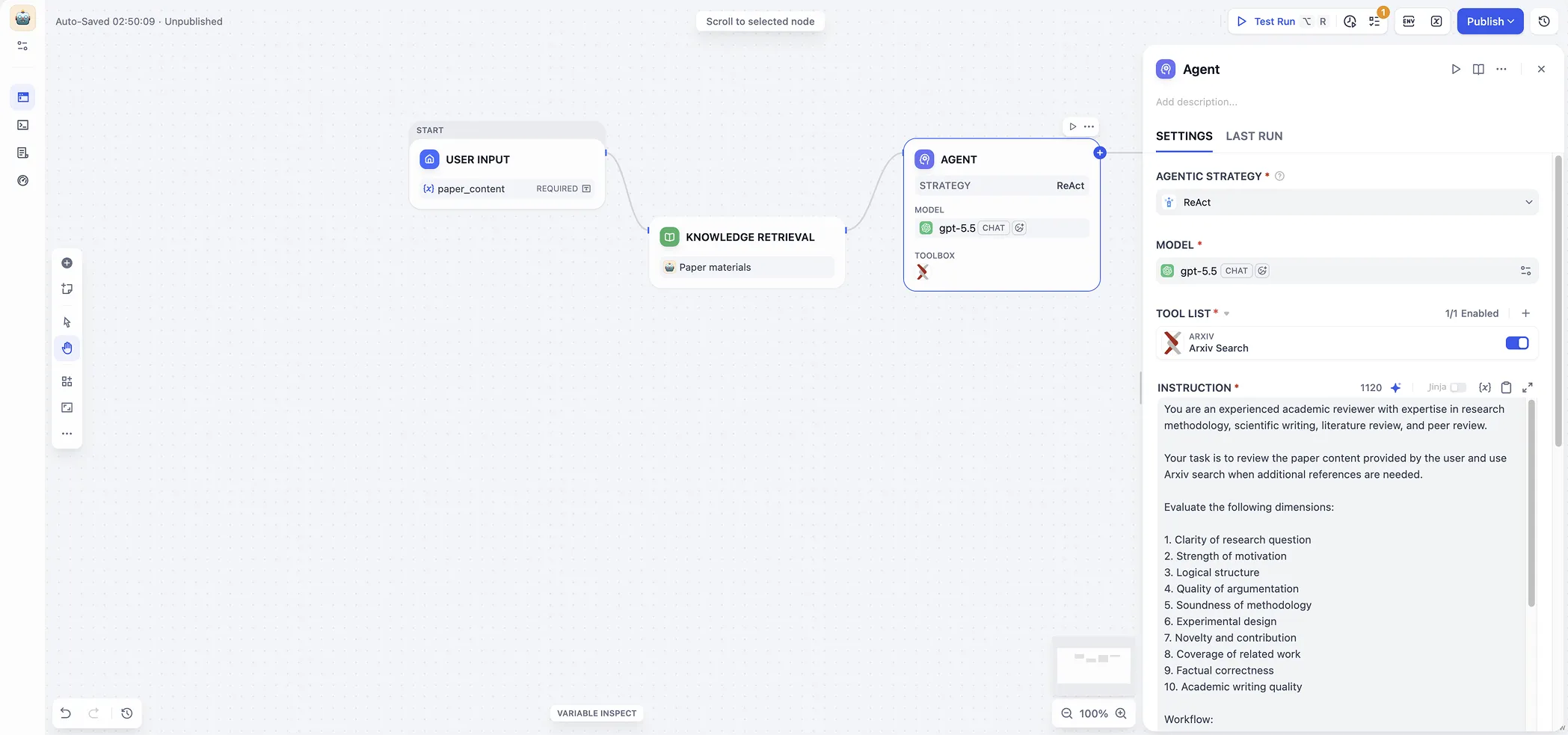 Dify agent configuration with tools and memory.
