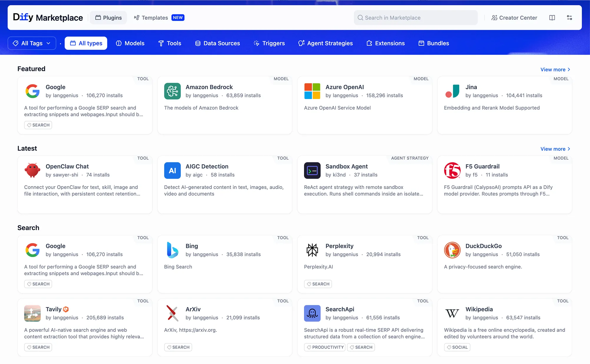 Dify plugin marketplace with model providers and tools.